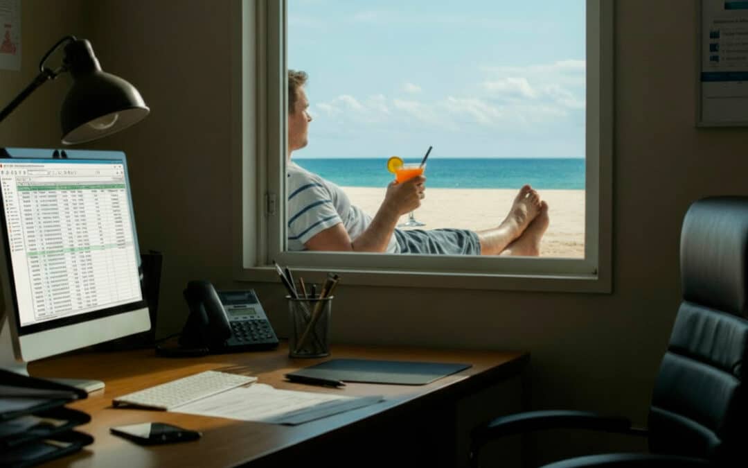 Uomo in spiaggia con cocktail visto dalla finestra di un ufficio, mentre il computer mostra un foglio Excel attivo.