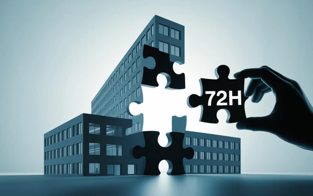 Mano che inserisce un pezzo di puzzle con la scritta "72H" in un edificio aziendale incompleto, simbolo di continuità operativa e gestione della crisi.