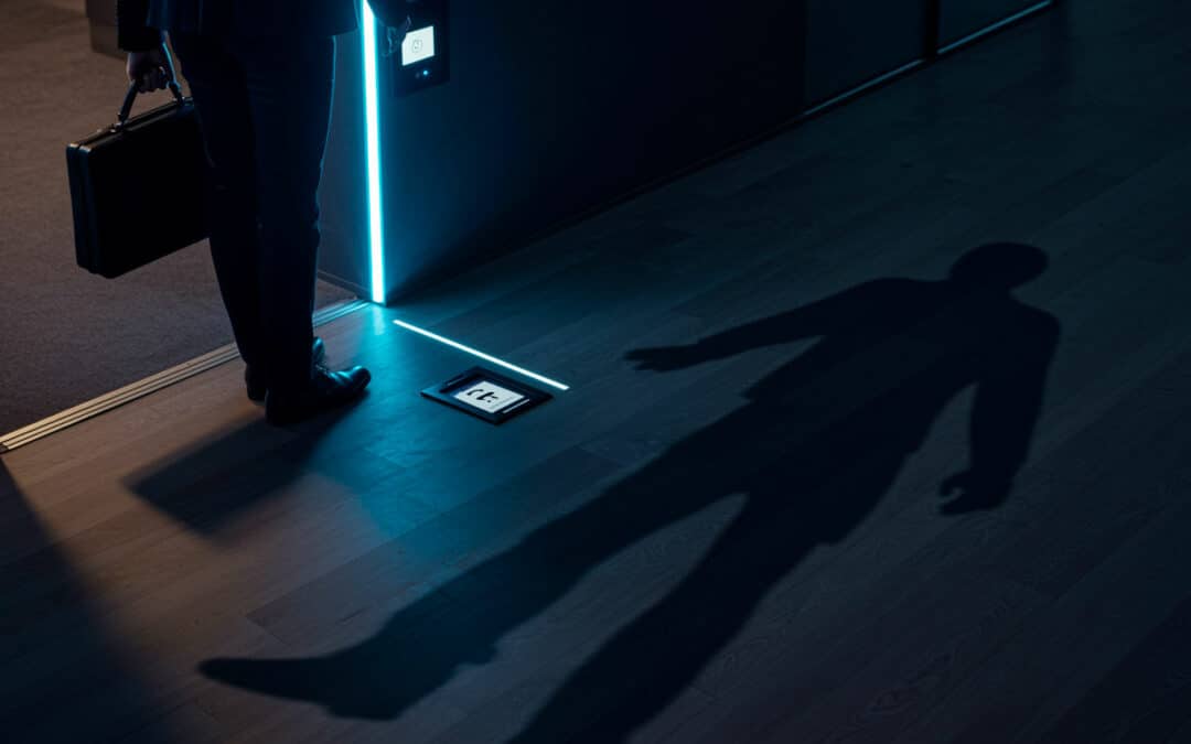 Dipendente con badge all’ingresso aziendale la cui ombra proietta una figura minacciosa, metafora del rischio insider threat.