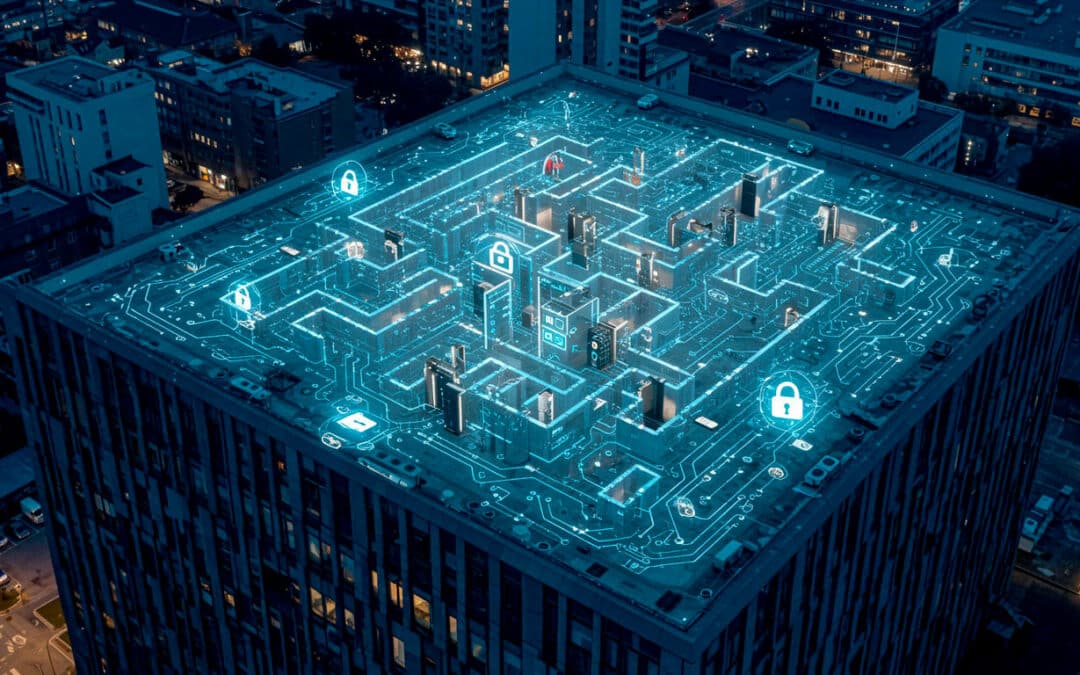 Edificio intelligente con sovrapposizione digitale che evidenzia circuiti e icone di sicurezza, simbolo della protezione negli Smart Building.