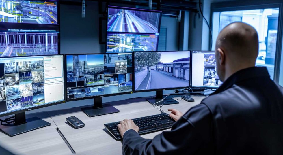 un operatore che guarda i monitor delle telecamere di sicurezza