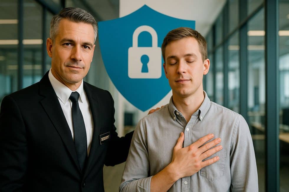 un responsabile in abiti formali appoggia la mano su un operatore che tiene la mano sul petto, dietro di loro un'icona simbolo della sicurezza