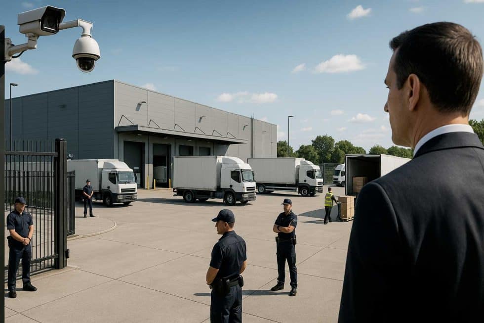 un piazzale con camion per la distribuzione che viene monitorato da sistemi di video sorveglianza e da uomini della sicurezza