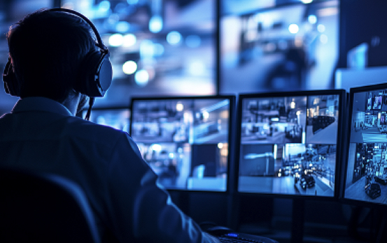 un operatore che monitora attraverso i monitor le registrazioni delle videocamere di sorveglianza
